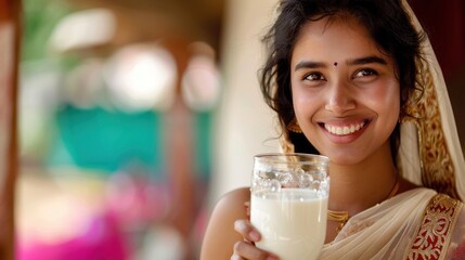 Indian woman is holding a glass of milk