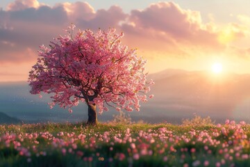 Obraz na płótnie Canvas Pink cherry tree blossom flowers blooming in a green grass meadow on a spring sunrise natural background