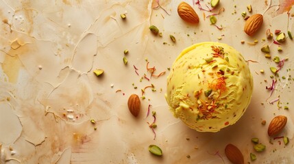 Rajwadi sweet kesar badam pista ice cream scoop decorated with saffron, almonds, and pistachios