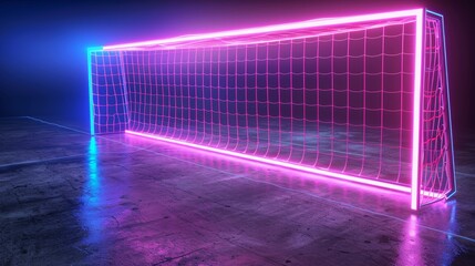 Three-dimensional render of neon soccer field gate, football playground, virtual sportive game, and pink blue glowing line - obrazy, fototapety, plakaty