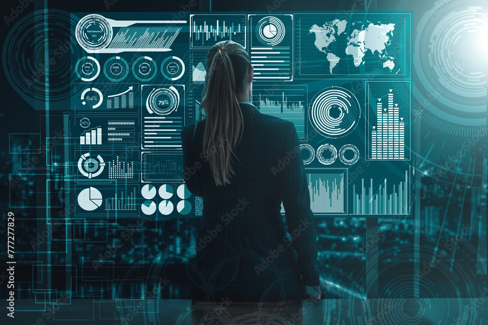 Poster big data technology for business finance analytic concept. modern interface shows massive informatio