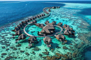 An aerial view of an island in the Maldives with overwater bainment and cabanas, and clear blue waters around it, a dock leads to one main house on top of sand bar - obrazy, fototapety, plakaty