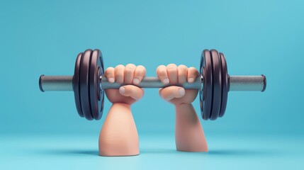 Hand holding barbell in 3D. Weight powerlifting exercise, extraordinary accomplishment. Funny surrealistic clipart, unexpected sports motivation.