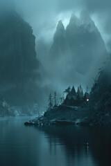 Mystical Landscape, Ethereal mountainous scene shrouded in mist with enigmatic lights.