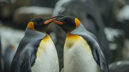 Close up of King Penguins in affectionate poses as part of the mating process