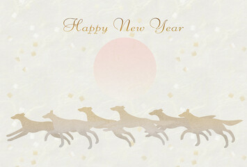走る犬の群れ　初日の出　和紙、金箔散らし　戌年　年賀状デザイン　