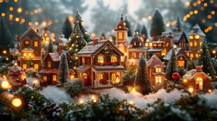 Fototapeta premium Christmas village scene with miniature houses, trees, and lights