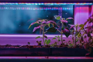 tomato seedlings on the balcony, on the windowsill, by the window under an ultraviolet phytolamp. Concept of gardening, growing organic food, vegetables, vegetarianism