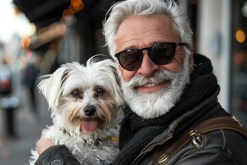 Mature man and his small white dog have the same fashion sense - Powered by Adobe