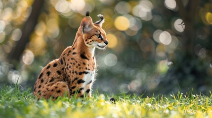 Serval Cat sitting on a grass field on a sunny day