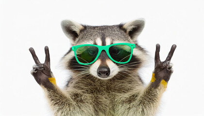 Funny raccoon in green sunglasses showing a rock gesture isolated on white background - obrazy, fototapety, plakaty