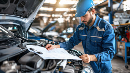 A car mechanic studying the new checklists for engine repairs, dressed in a blue overall and wearing a protective helmet.