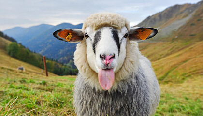 Funny beautiful sheep Portrait of sheep showing tongue