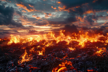 Flames engulf the dry land as a raging wildfire illuminates the evening sky - obrazy, fototapety, plakaty