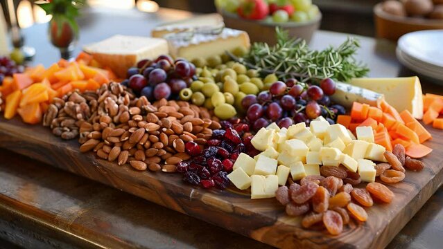 A shot of an artis cheeseboard featuring a variety of locallysourced cheeses dried fruits and nuts.