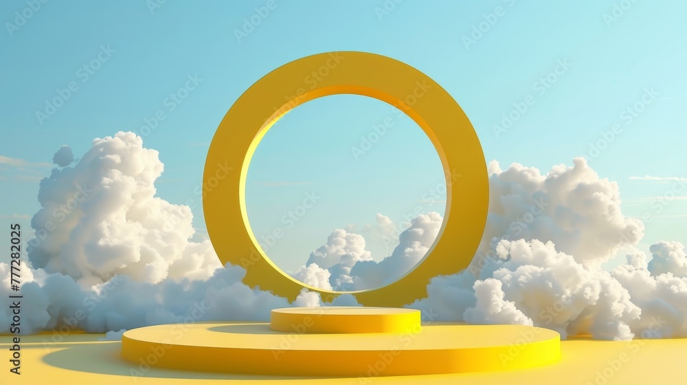 Poster a 3d rendering of an abstract sunny yellow background with white clouds and a blue round hole for di