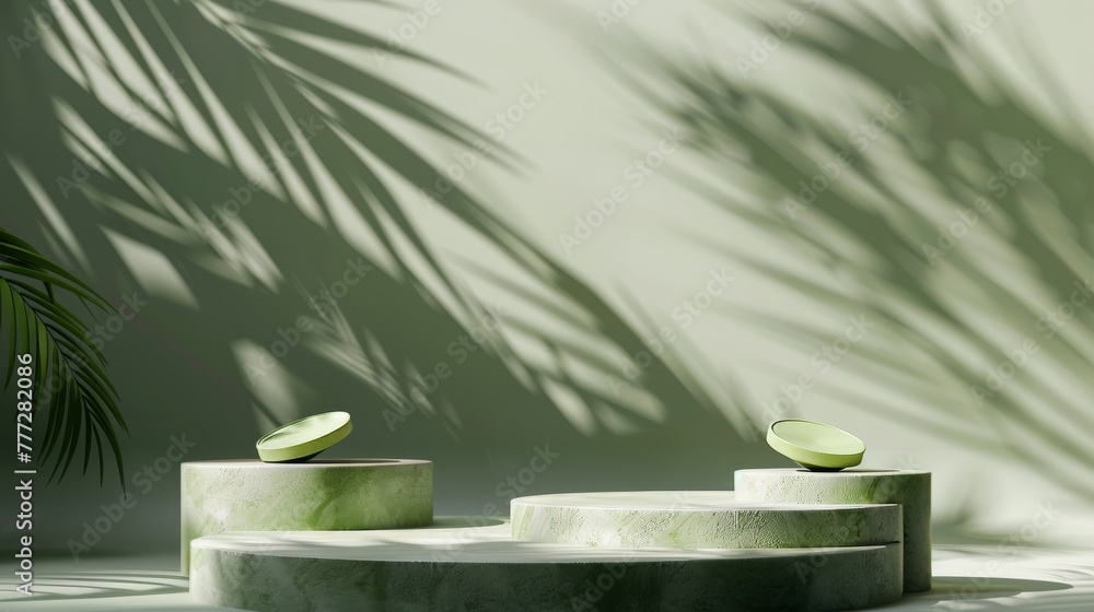 Poster minimalist 3d render with an abstract minimal green background. an empty stage, three podiums, palm 