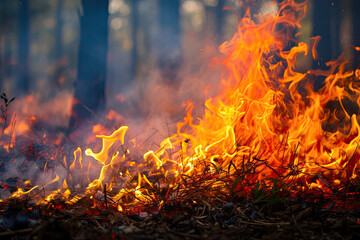 Intense Wildfire Engulfing Forest Underbrush During Dry Season - obrazy, fototapety, plakaty