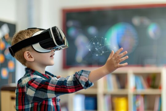 A little boy wearing VR headset and reaching out while testing