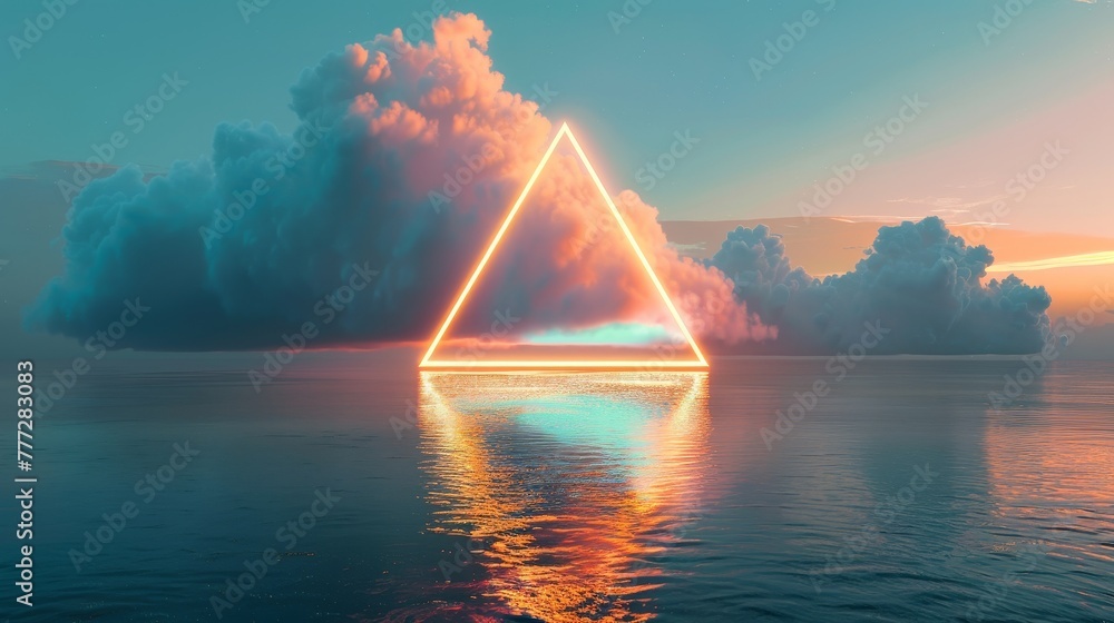 Poster an abstract background with a white cloud levitates within a glowing neon triangle, reflected in the