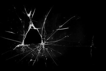 Broken glass. Cracked window texture realistic destruction hole in damaged glass. Vector realistic shattered glass template in Black - obrazy, fototapety, plakaty