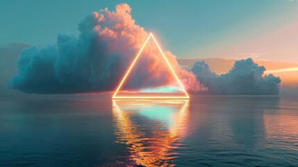 An abstract background with a white cloud levitates within a glowing neon triangle, reflected in the water. - obrazy, fototapety, plakaty