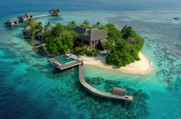 An aerial view of an island in the Maldives with overwater bainment and cabanas, and clear blue waters around it, a dock leads to one main house on top of sand bar