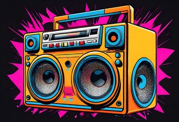 a cartoon ghetto blaster radio stereo speaker.  bright colors. neon - obrazy, fototapety, plakaty