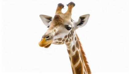 A fun and quirky portrait of a giraffe, upside down, its long neck and curious face presented against a stark white background, a playful twist on wildlife photography