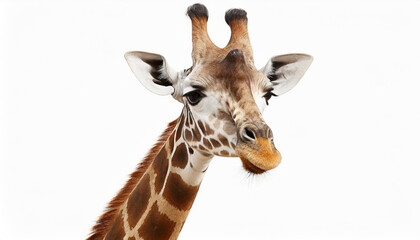 A fun and quirky portrait of a giraffe, upside down, its long neck and curious face presented against a stark white background, a playful twist on wildlife photography