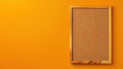 Rectangular corkboard with wooden frame portrait orientation for picture mockups or lettering on an orange textured wall - obrazy, fototapety, plakaty