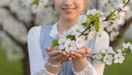 Obraz premium Girl holds a branch of blossoming apple tree in her hands. Close up of beautiful female hands holding a branch of blossoming fruit tree. Soft focus