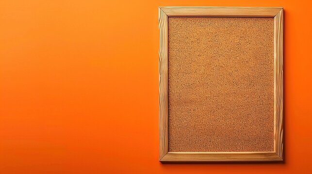 Rectangular corkboard with wooden frame on an orange textured wall for picture mockups or lettering