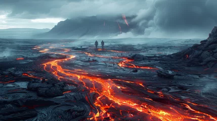 Fotobehang Fantasy Landscape, Travelers tread perilous Obsidian Plains, amidst warping lava rivers. © ChubbyCat