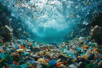Fototapeta na wymiar underwater view of plastic trash near seashore with sunlight