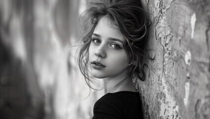 A black and white shot of a beautiful girl with a sensual gaze and tousled hair leaning against an old stone wall.