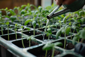 tomato seedlings on the balcony, on the windowsill, by the window. sprouts are watered from a watering can. Concept of gardening, growing organic food, vegetables, vegetarianism