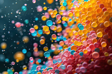 colorful microscopic particles suspended in water. microplastic pollution concept - obrazy, fototapety, plakaty