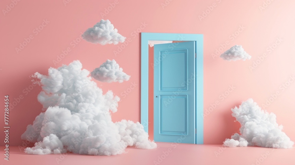 Poster white clouds and cumulus flying out of a blue door in an empty room. objects isolated on a peach bac