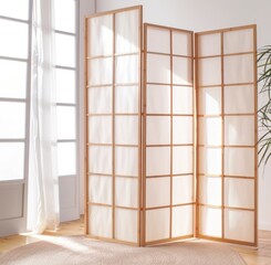 A Japandi-style room divider combining sleek bamboo frames with translucent paper