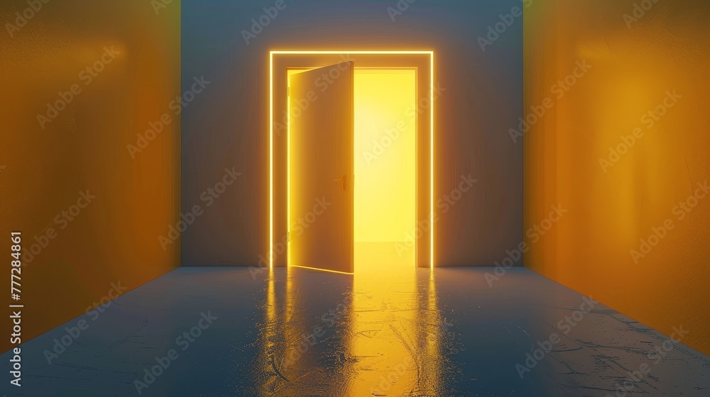 Poster 3d render of abstract modern minimal background with yellow light passing through double doors. arch