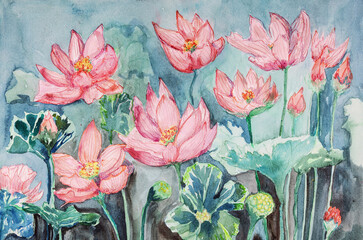 Garden painting of lotus flowers and leaves. The dabbing technique near the edges gives a soft focus effect due to the altered surface roughness of the paper. - 777284824