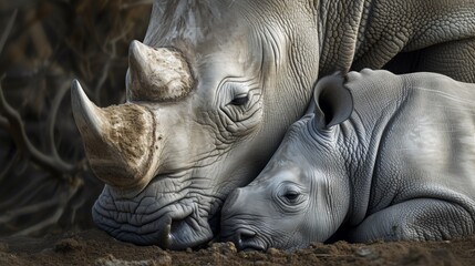 A close up of a rhino and its baby in the dirt, AI