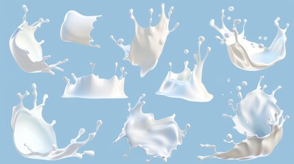 Isolated on blue background, this 3D illustration shows milk splashes of assorted shapes. Moisturizing lotion, white cosmetics splashed on blue background. - obrazy, fototapety, plakaty