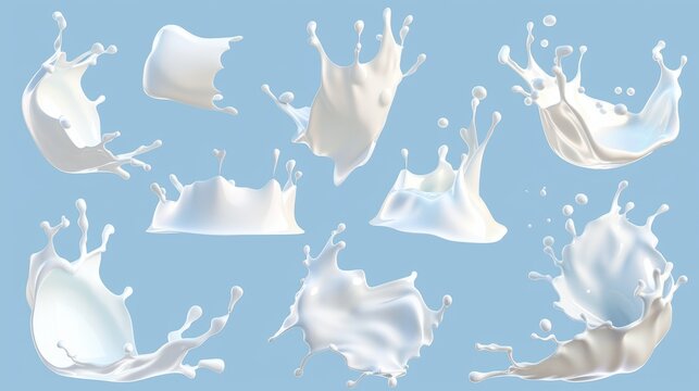 Isolated on blue background, this 3D illustration shows milk splashes of assorted shapes. Moisturizing lotion, white cosmetics splashed on blue background.