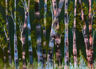 Birch tree forest painting in the blue hour. The dabbing technique near the edges gives a soft focus effect due to the altered surface roughness of the paper. - 777285207
