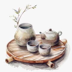 Fototapeta na wymiar An illustration of a Japandi-inspired ceramic tea set with a watercolor finish in earthy tones