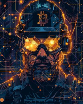 Cartoon crypto miner, hard hat, gripping Bitcoin, virtual reality setting, morning glow, frontal shot, detailed lines, sketch style , clip art, 8K , high-resolution, ultra HD,up32K HD