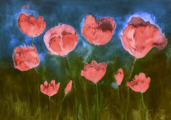 Poppies painting in the blue hour. The dabbing technique near the edges gives a soft focus effect due to the altered surface roughness of the paper. - 777285659