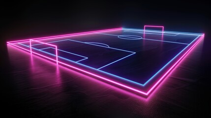 The neon soccer field scheme, a football pitch, a virtual sportive game, and the pink blue glowing line in the midst of a black background are rendered in 3D.